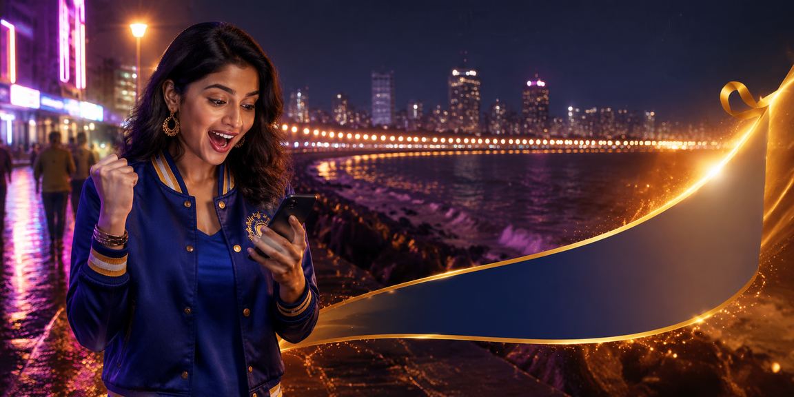 Night view of Mumbai Marine Drive with cricket betting neon lights